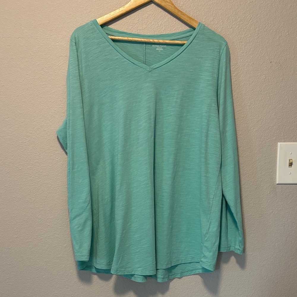 Eileen Fisher Woman Size 1X Organic Cotton Aqua Teal V-Neck Top Shirt